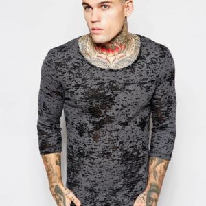 Muscle Fit Long Sleeve T-Shirt With Burn Out Rib Jersey