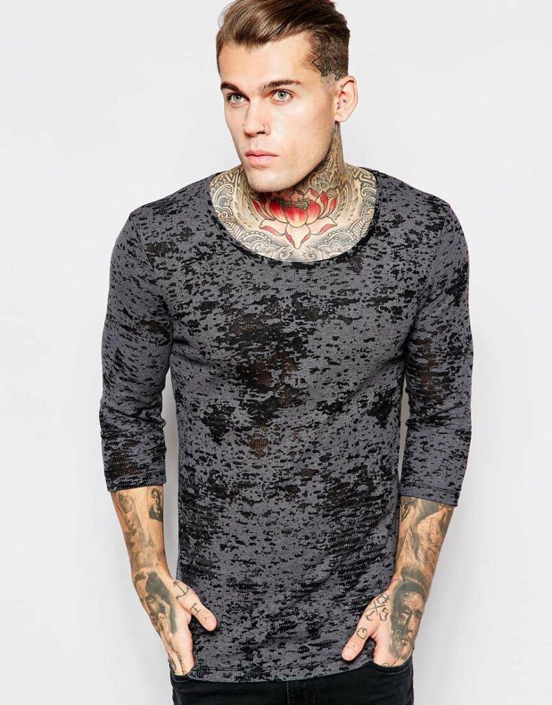 Muscle Fit Long Sleeve T-Shirt With Burn Out Rib Jersey