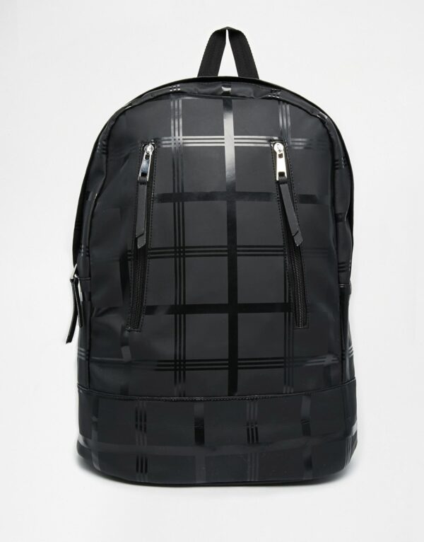 Backpack In Black Grid Print With Front Zip Detail