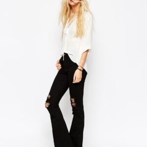 Bell Flare Jeans In Clean Black With Thigh Rips