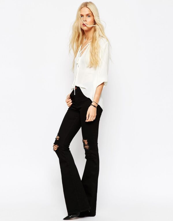 Bell Flare Jeans In Clean Black With Thigh Rips