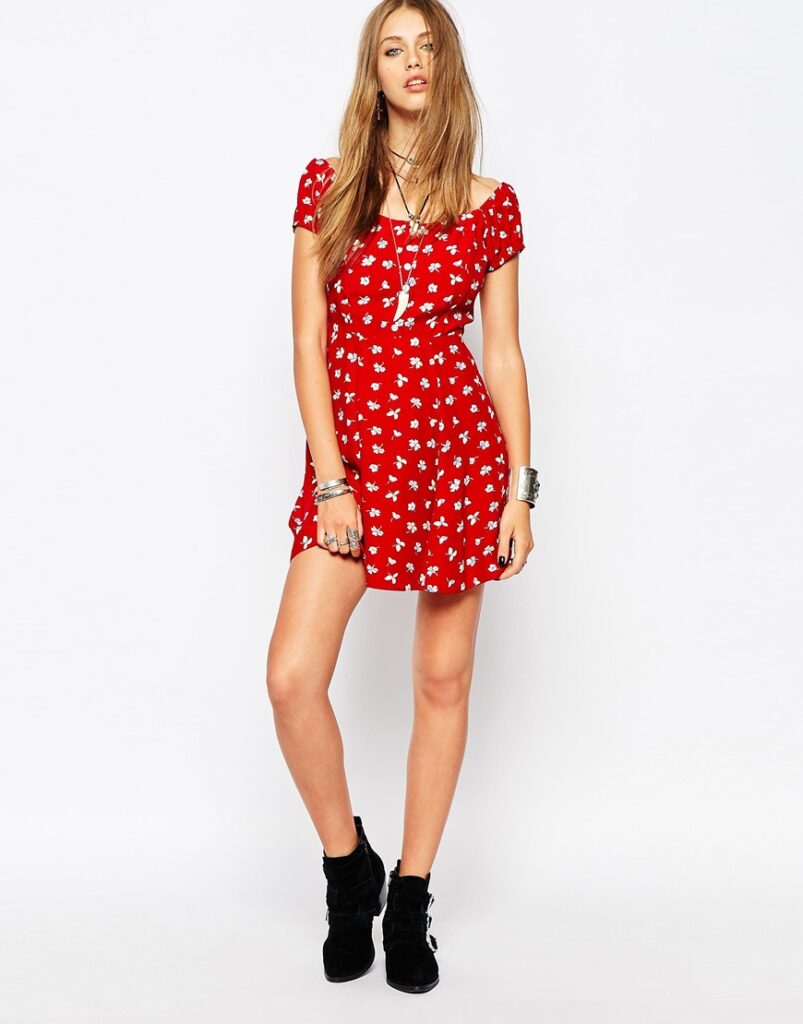 Off Shoulder Hippie Dress With Button Front Detail In Ditsy Floral