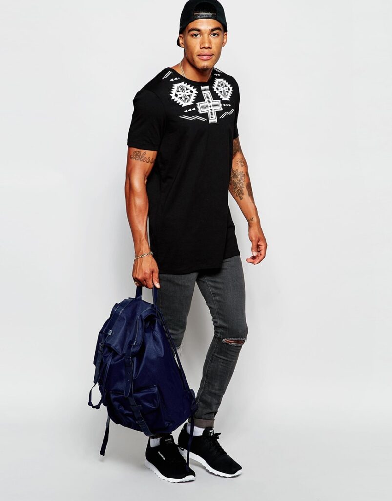 Longline T-Shirt With Aztec Yoke Print In Relaxed Skater Fit